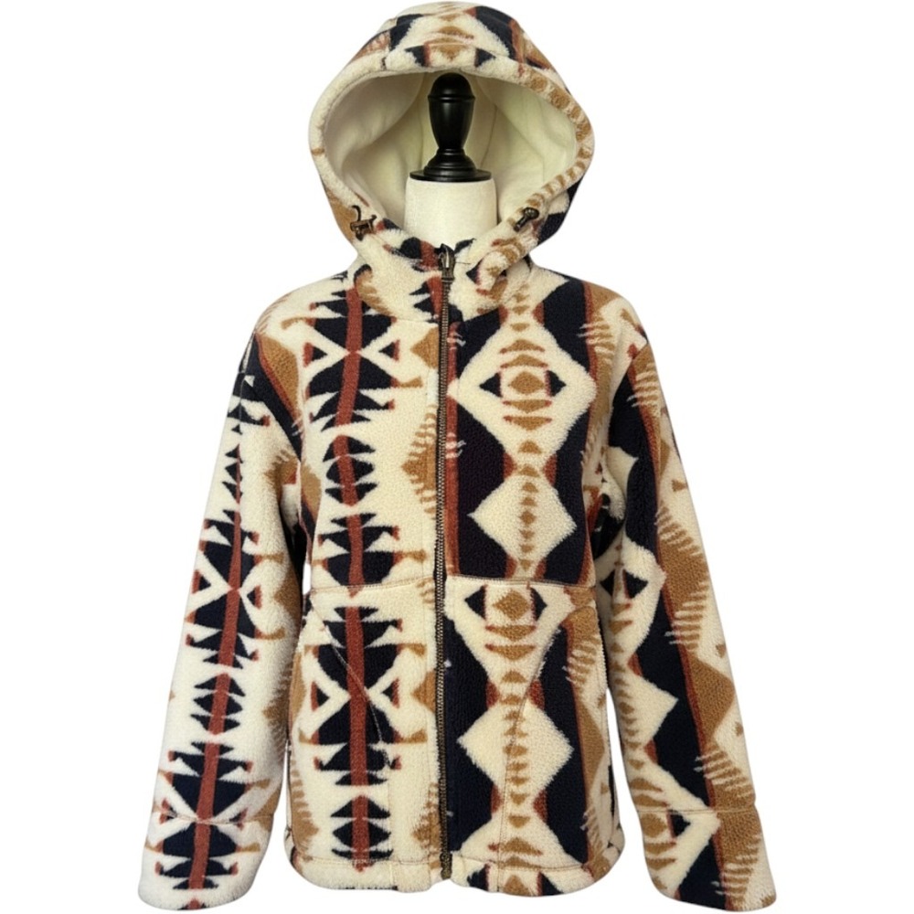 Pendleton Southwestern Geometric Sherpa Fleece Full Zip Hoodie Jacket Cream S